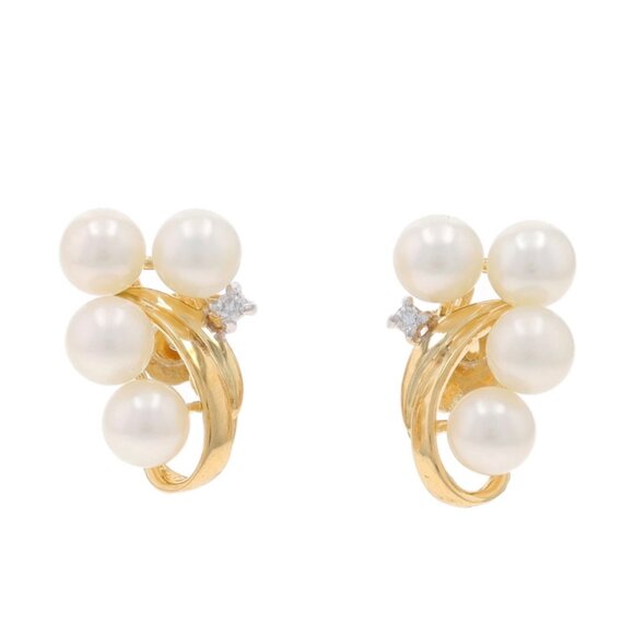 Yellow Gold Cultured Pearl Diamond Cluster Stud Earrings - 14k Pierced